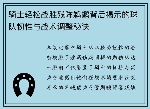 骑士轻松战胜残阵鹈鹕背后揭示的球队韧性与战术调整秘诀